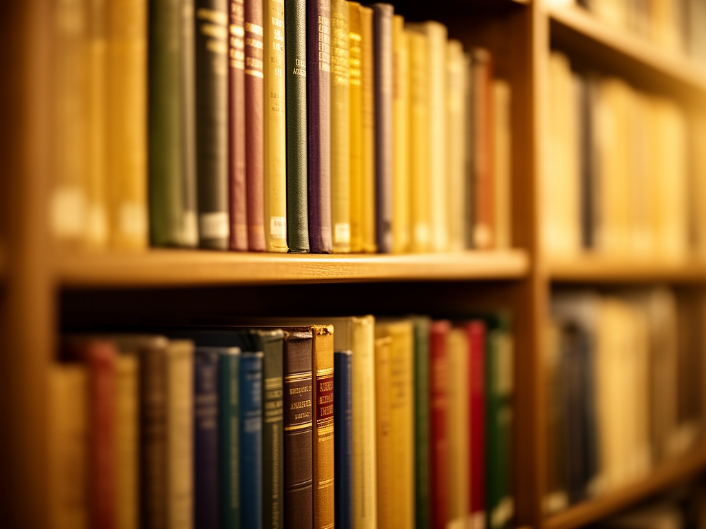 Scaffalatura di biblioteca con libri rilegati di vari colori su fondo sfocato, luce ambientale morbida dorata, atmosfera di ricerca e conoscenza cumulata