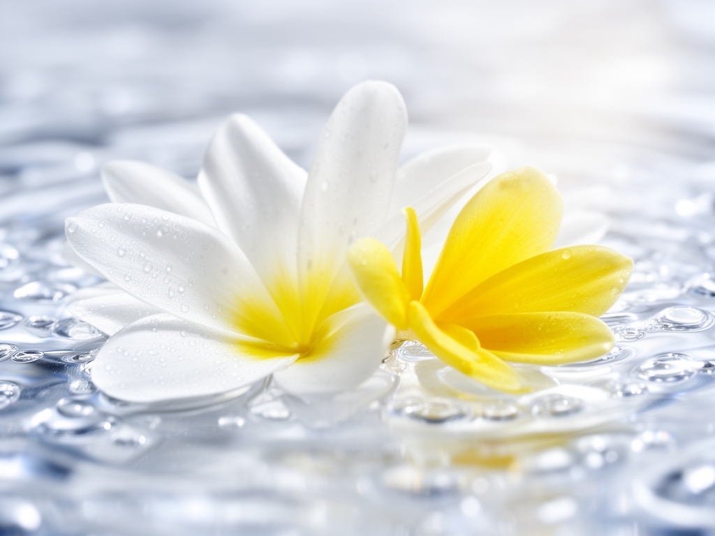 Primo piano di petali bianchi e gialli immersi in acqua cristallina con piccole goccioline, luce diffusa che crea riflessi sull acqua, atmosfera pura e delicata