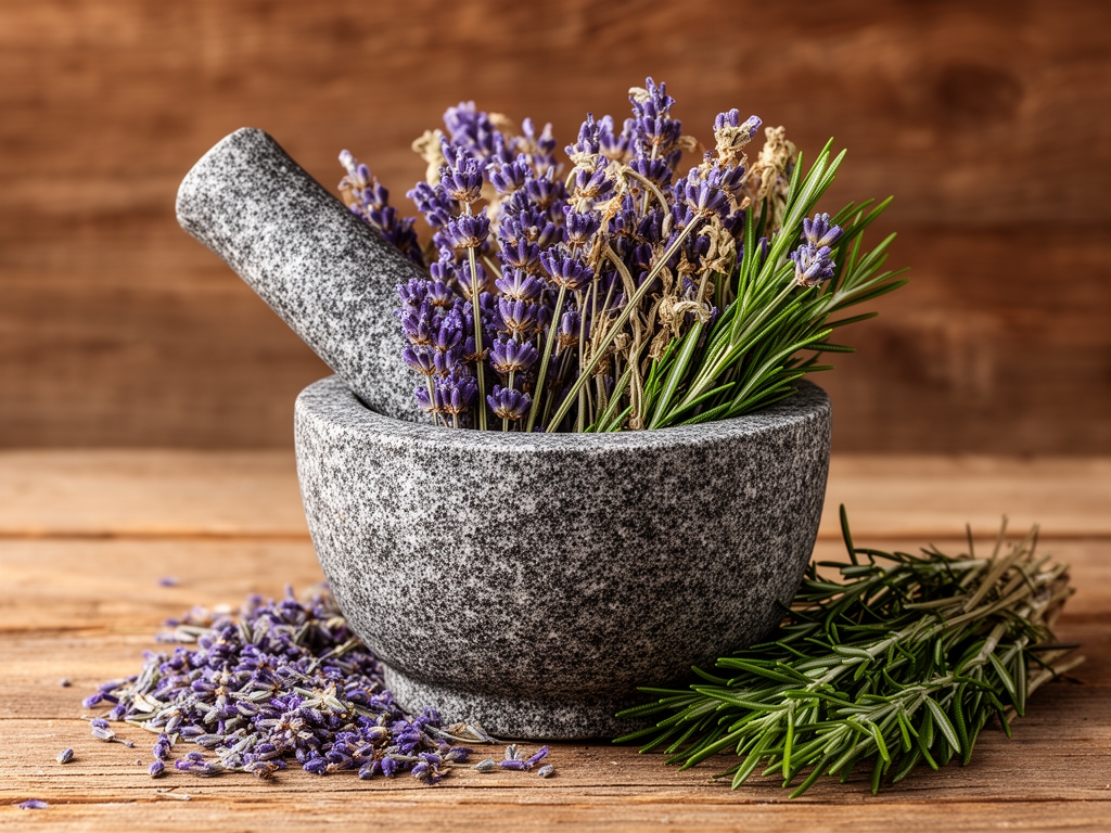 Mortaio di pietra grigia con erbe aromatiche essiccate tra cui lavanda e rosmarino su sfondo di legno rustico, luce calda naturale, composizione autentica