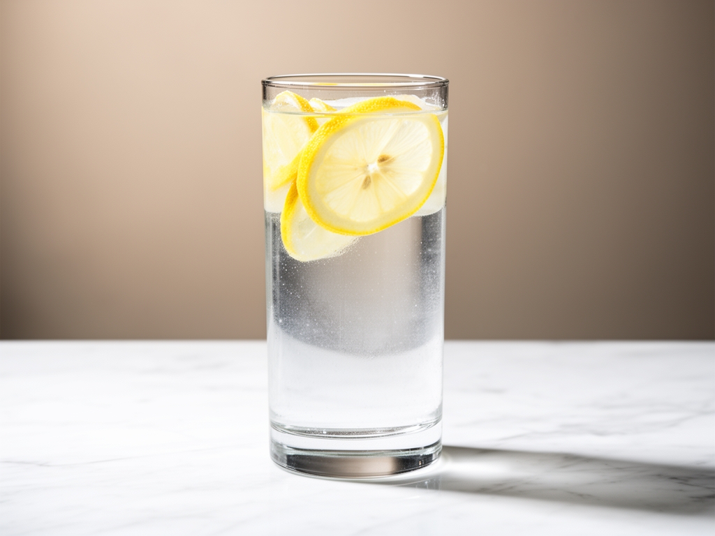 Bicchiere di vetro con acqua fresca e fettine di limone su superficie di marmo bianco, luce studio pulita, composizione semplice ed elegante