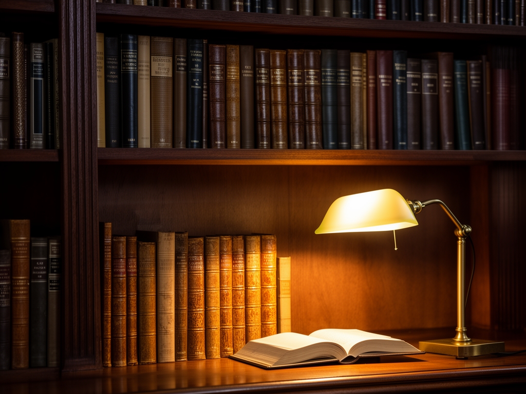 Libreria di legno scuro con volumi rilegati disposti ordinatamente, luce calda proveniente da lampada da lettura, atmosfera studiosa e raccolta