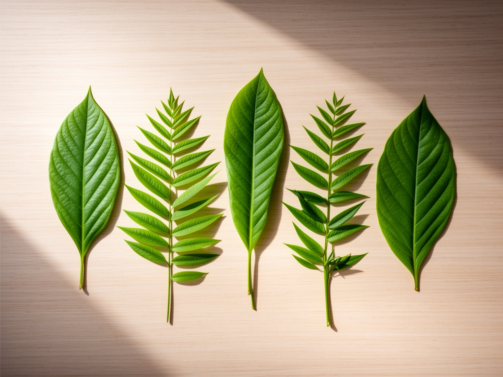 Elementi botanici stilizzati — foglie verdi di diverse specie disposte su superficie di legno chiaro, luce naturale laterale che esalta le texture, composizione minimalista e ordinata