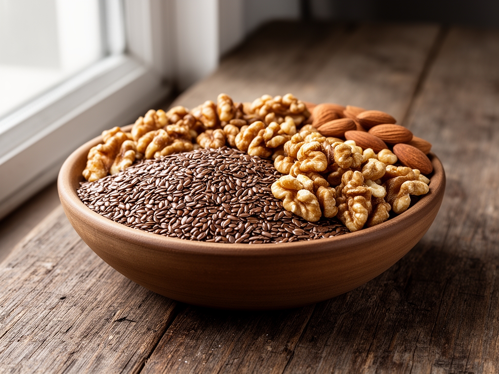 Ciotola con semi di lino, noci e mandorle tostate su tavolo di legno rustico, luce naturale da finestra laterale, composizione autentica e non commerciale