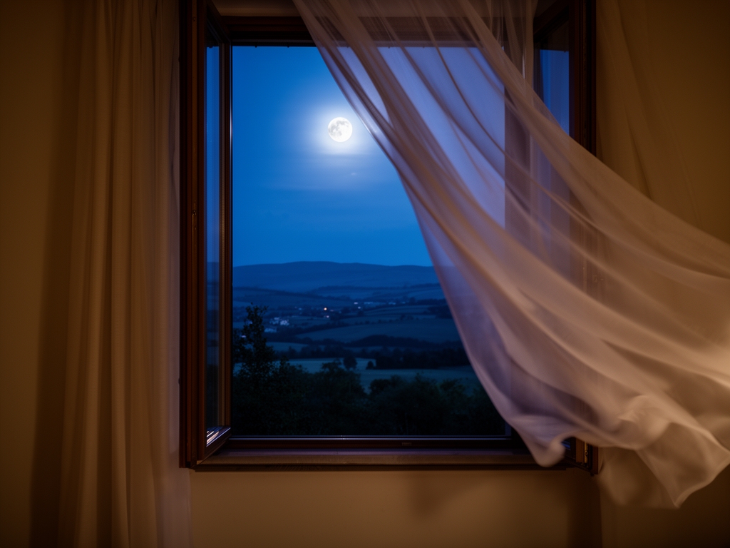 Finestra aperta su paesaggio serale con luna piena visibile, luce lunare soffusa in stanza con tessuto leggero che svolazza, atmosfera rilassante e notturna